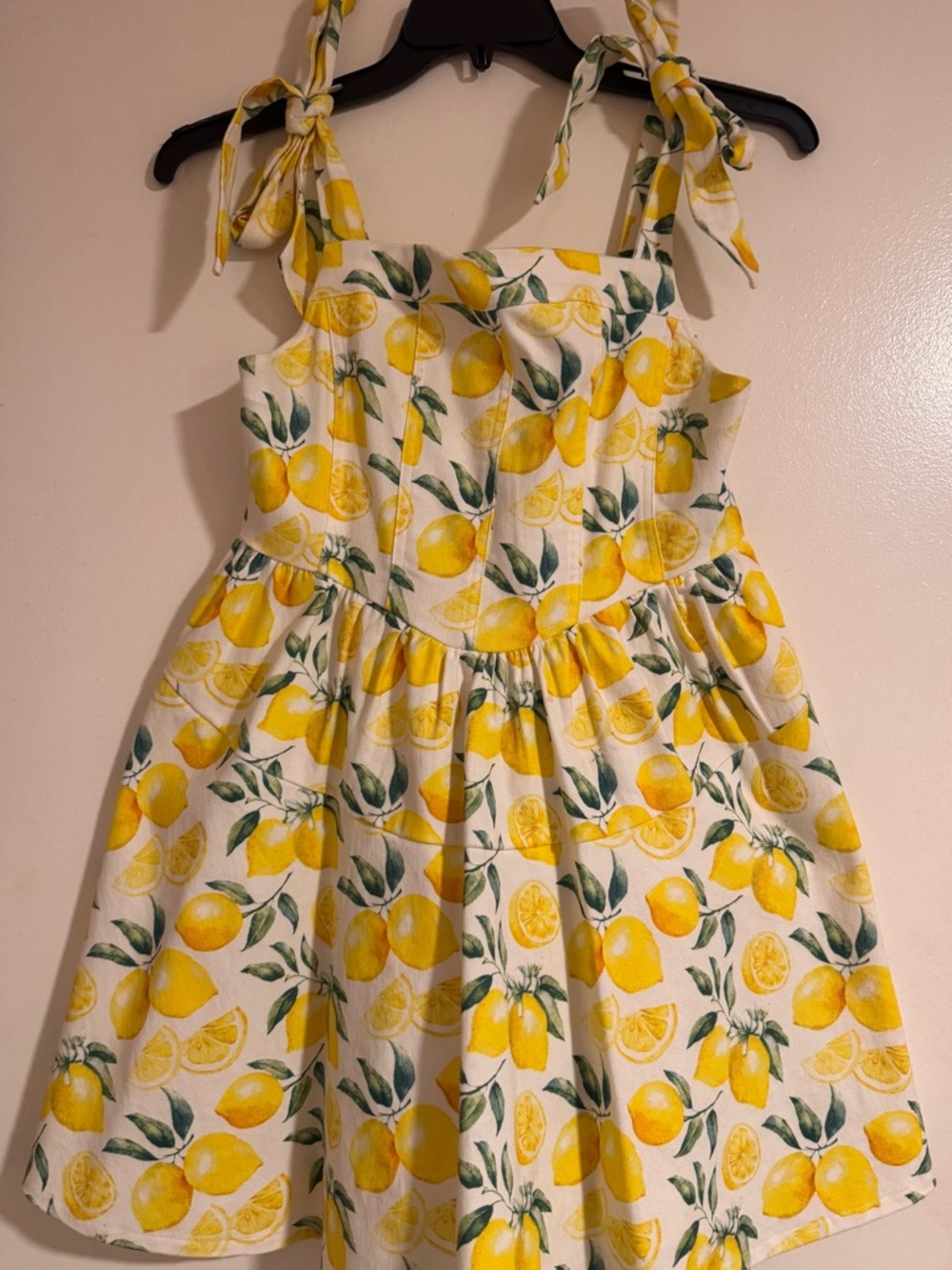 Boutique Lovelo Yellow Lemon Print Denim Tie Shoulder Sundress Size L EUC